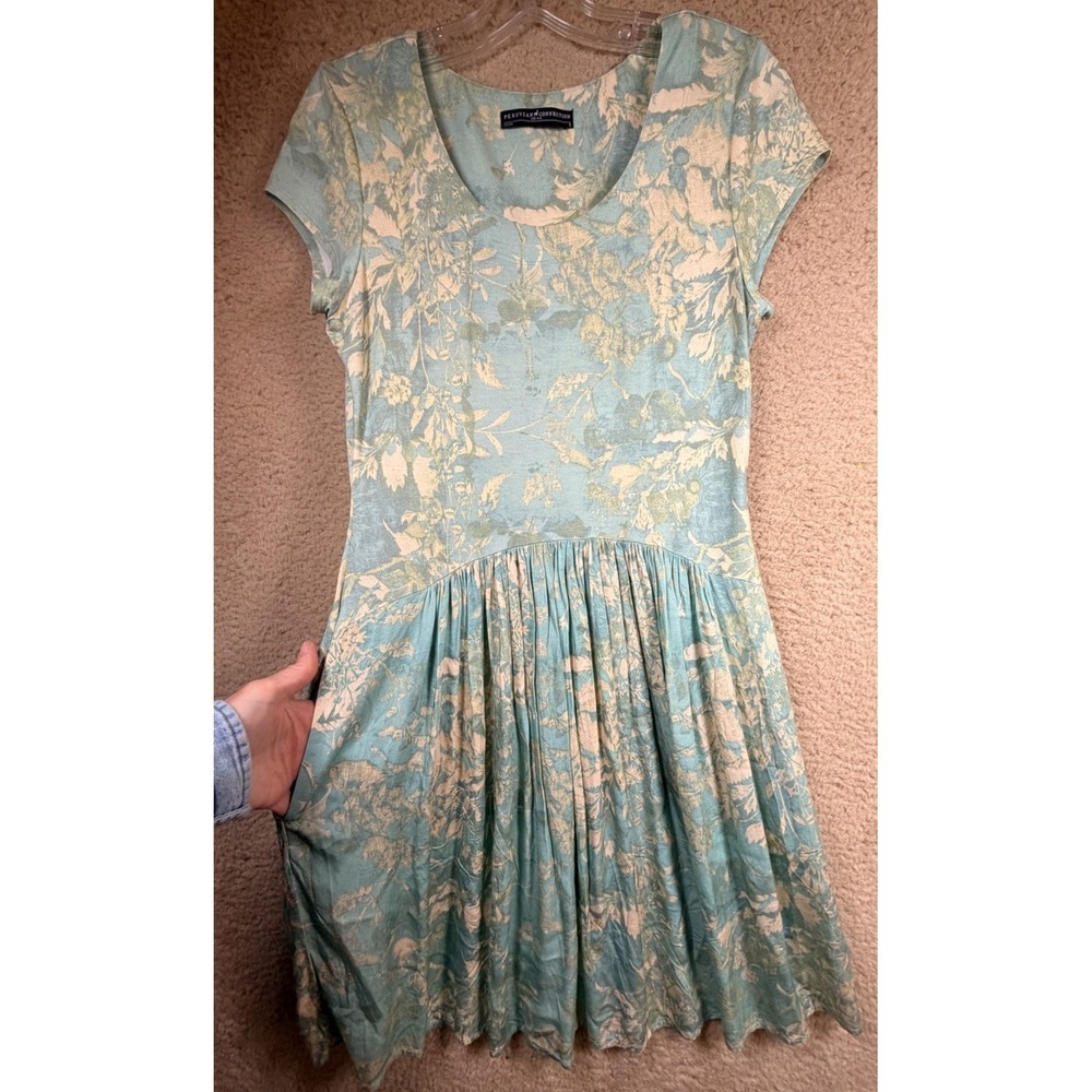 Peruvian Connection White Lotus Aqua Floral Fit & Flare Dress Small Pockets - Picture 6 of 14
